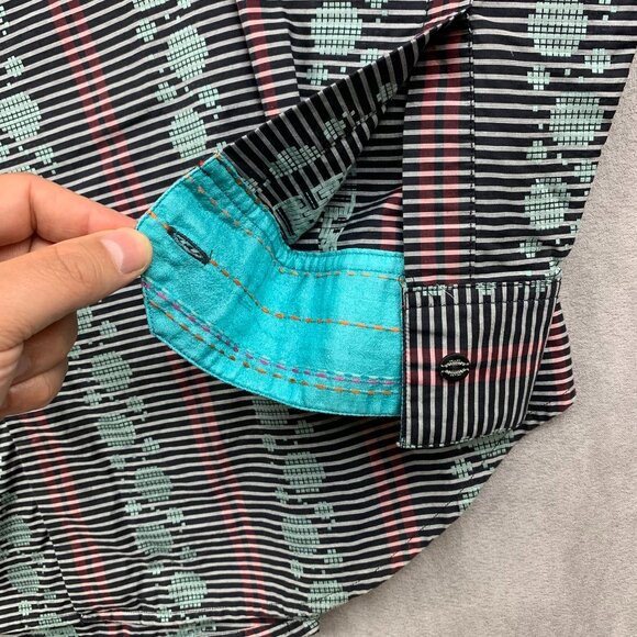 Robert Graham Mens Shirt Medium Black Red Blue Striped Pixel Pattern Button Up - Picture 5 of 11